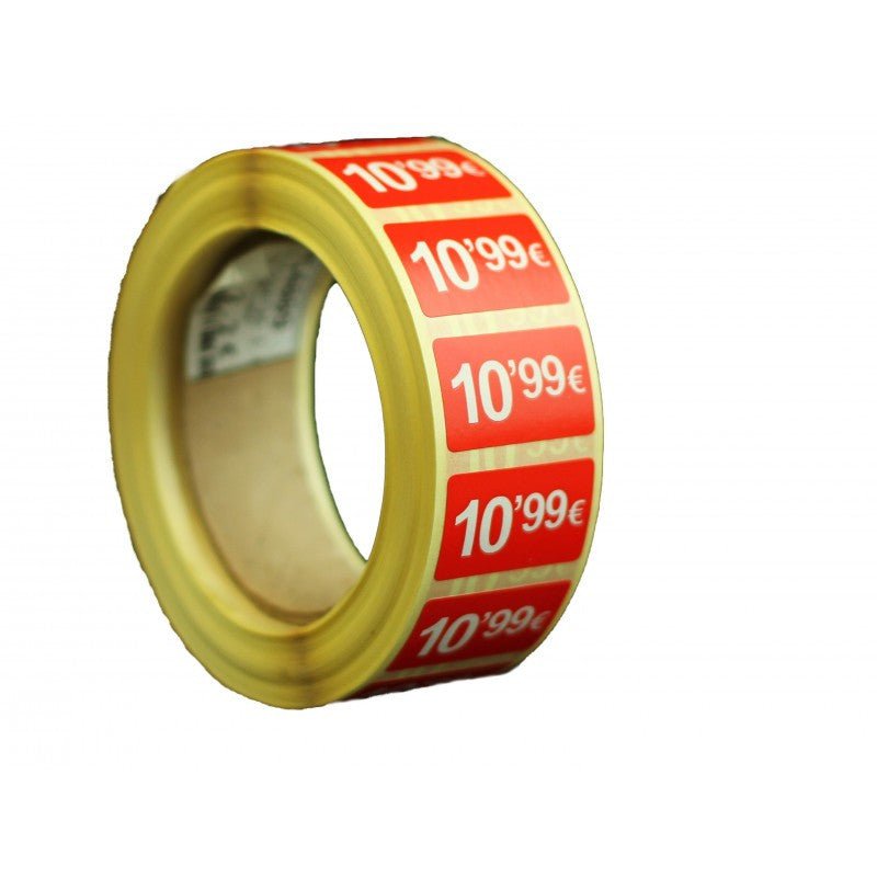 2000 Etiquetas de Precio "0.99€ - 99.99€" - Rojo Flúor 25x15mm Rectangular - 2 Rollo de 1000 Unidades - BOLSASYMASBCN.COM