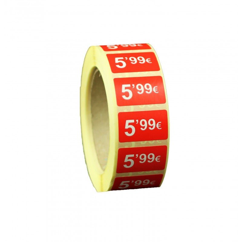 2000 Etiquetas de Precio "0.99€ - 99.99€" - Rojo Flúor 25x15mm Rectangular - 2 Rollo de 1000 Unidades - BOLSASYMASBCN.COM