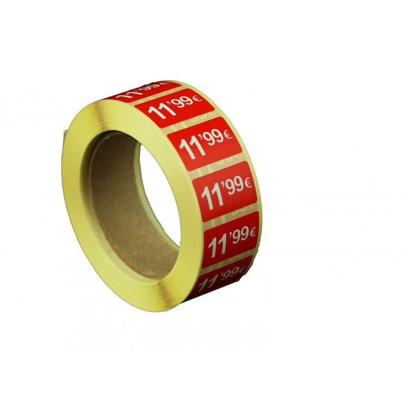 2000 Etiquetas de Precio "0.99€ - 99.99€" - Rojo Flúor 25x15mm Rectangular - 2 Rollo de 1000 Unidades - BOLSASYMASBCN.COM