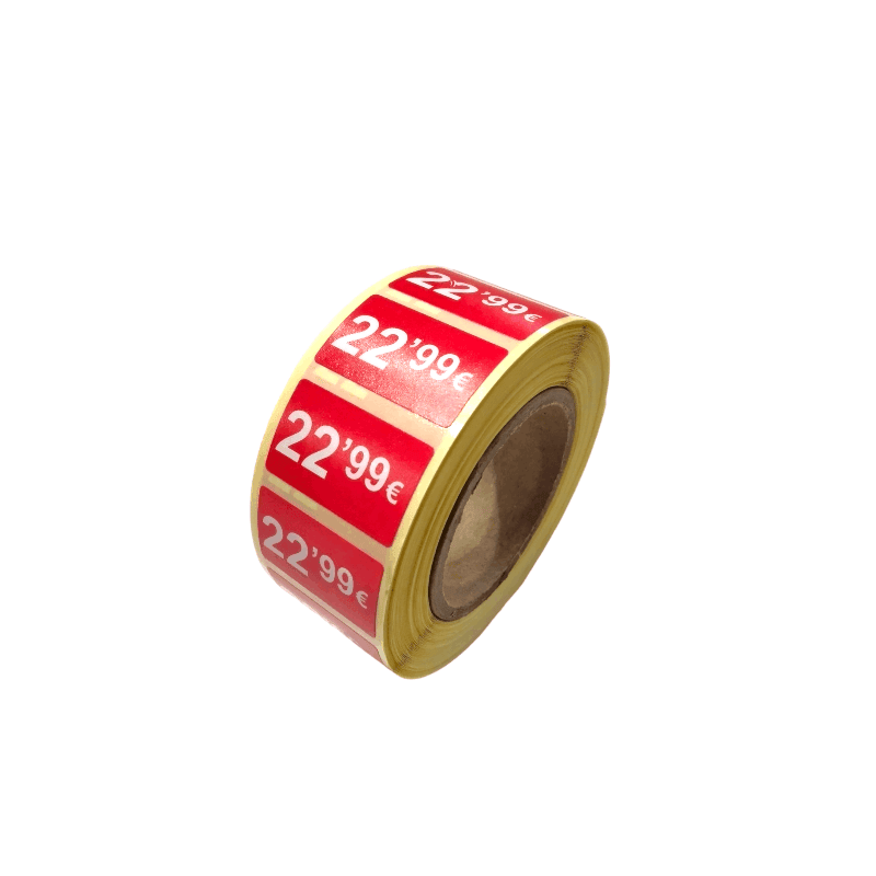 2000 Etiquetas de Precio "0.99€ - 99.99€" - Rojo Flúor 25x15mm Rectangular - 2 Rollo de 1000 Unidades - BOLSASYMASBCN.COM
