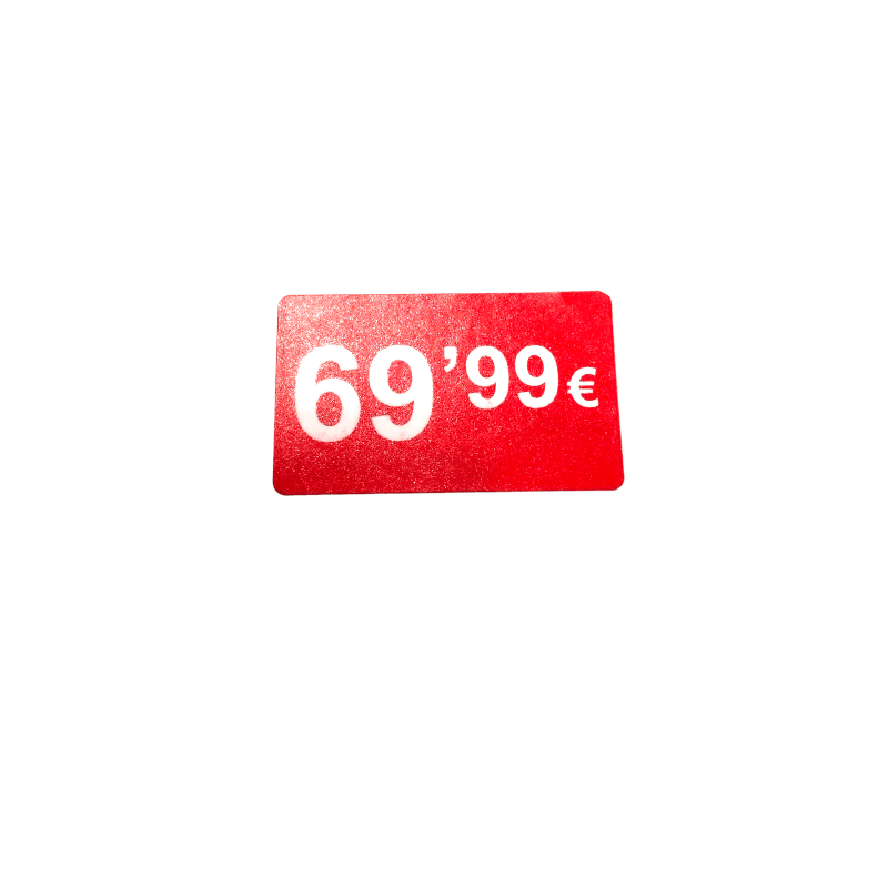 2000 Etiquetas de Precio "0.99€ - 99.99€" - Rojo Flúor 25x15mm Rectangular - 2 Rollo de 1000 Unidades - BOLSASYMASBCN.COM