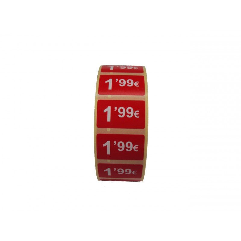 2000 Etiquetas de Precio "0.99€ - 99.99€" - Rojo Flúor 25x15mm Rectangular - 2 Rollo de 1000 Unidades - BOLSASYMASBCN.COM