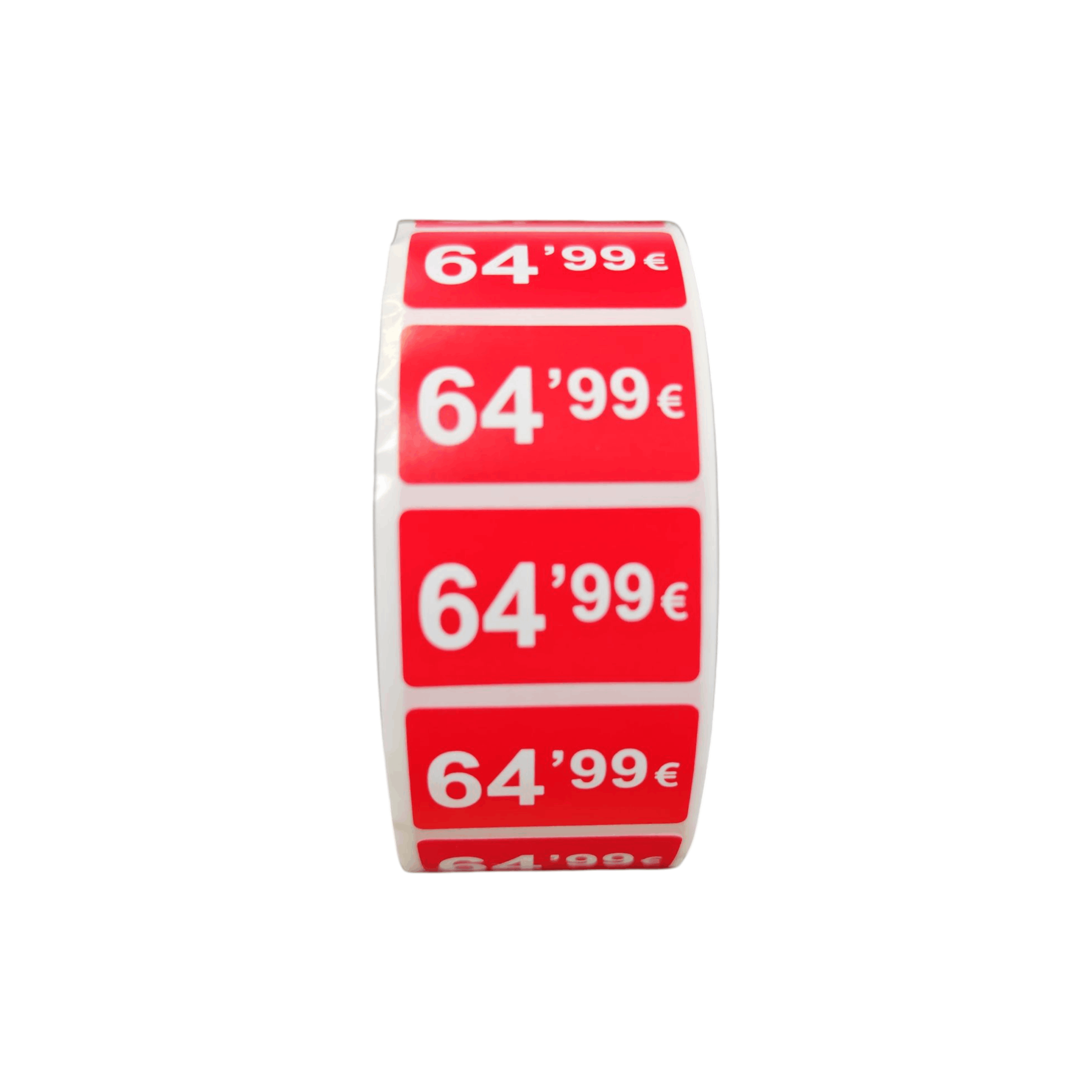 2000 Etiquetas de Precio "0.99€ - 99.99€" - Rojo Flúor 25x15mm Rectangular - 2 Rollo de 1000 Unidades - BOLSASYMASBCN.COM