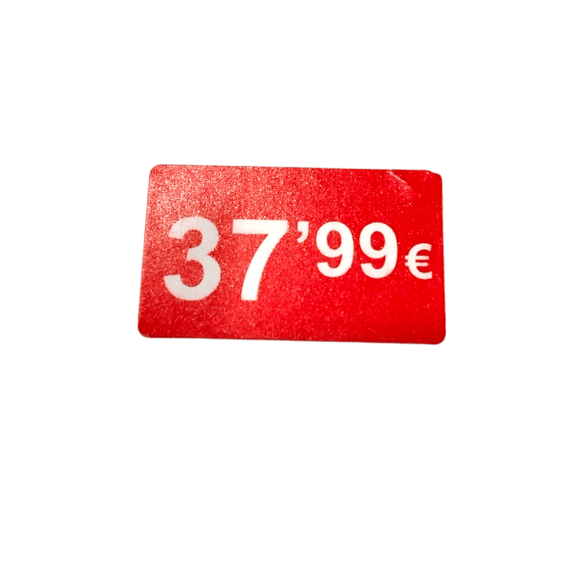 2000 Etiquetas de Precio "0.99€ - 99.99€" - Rojo Flúor 25x15mm Rectangular - 2 Rollo de 1000 Unidades - BOLSASYMASBCN.COM