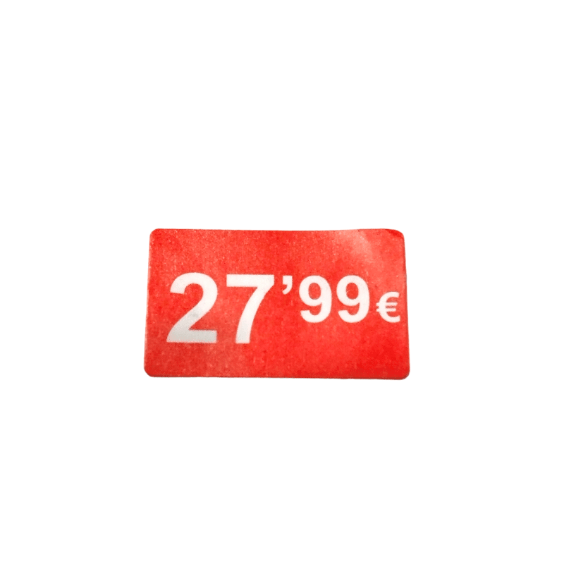 2000 Etiquetas de Precio "0.99€ - 99.99€" - Rojo Flúor 25x15mm Rectangular - 2 Rollo de 1000 Unidades - BOLSASYMASBCN.COM