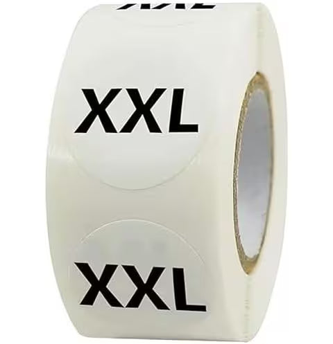 1000pcs Etiquetas Adhesivas de Tallas de Ropa , Pegatinas Autoadhesivas Redondas 2 cm Blanco y Negro, XS–S-M-L-XL-XXL-XXXL (2 Rollos de 500etiquetas) – Adecuadas Para Camisetas, Prendas, Pantalones, Faldas al Por Menor