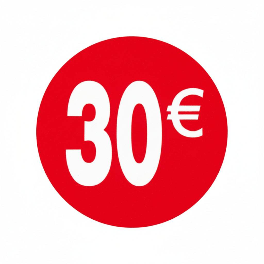 1000 Etiquetas de Precio"1€-30€" - Rojo Flúor Ø 35mm - 2 Rollo de 500 Unidades