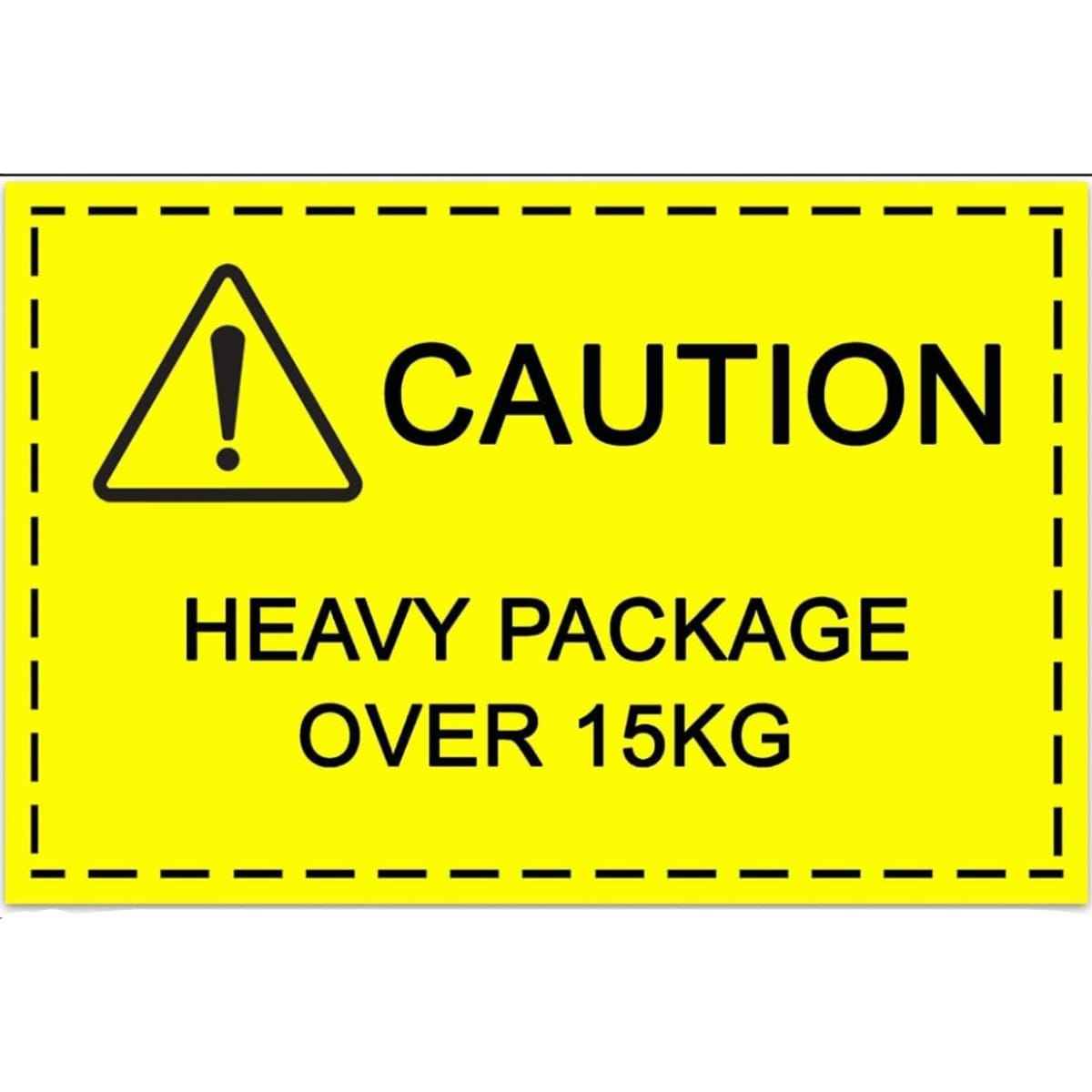 250 Etiquetas Adhesivas de Advertencia “CAUTION HEAVY PACKAGE OVER 15KG” – 100x50mm – Etiquetas de precaución para Paquetes Pesados – Pegatinas de Seguridad para Envíos, Logística，Amazon FBA y Almacén