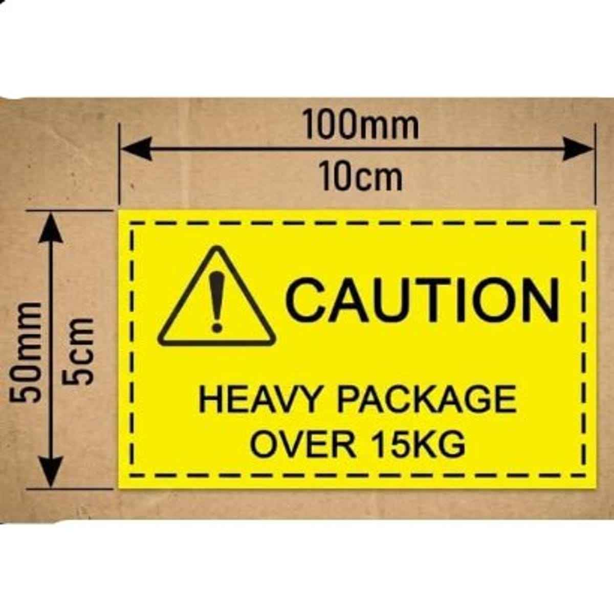 250 Etiquetas Adhesivas de Advertencia “CAUTION HEAVY PACKAGE OVER 15KG” – 100x50mm – Etiquetas de precaución para Paquetes Pesados – Pegatinas de Seguridad para Envíos, Logística，Amazon FBA y Almacén