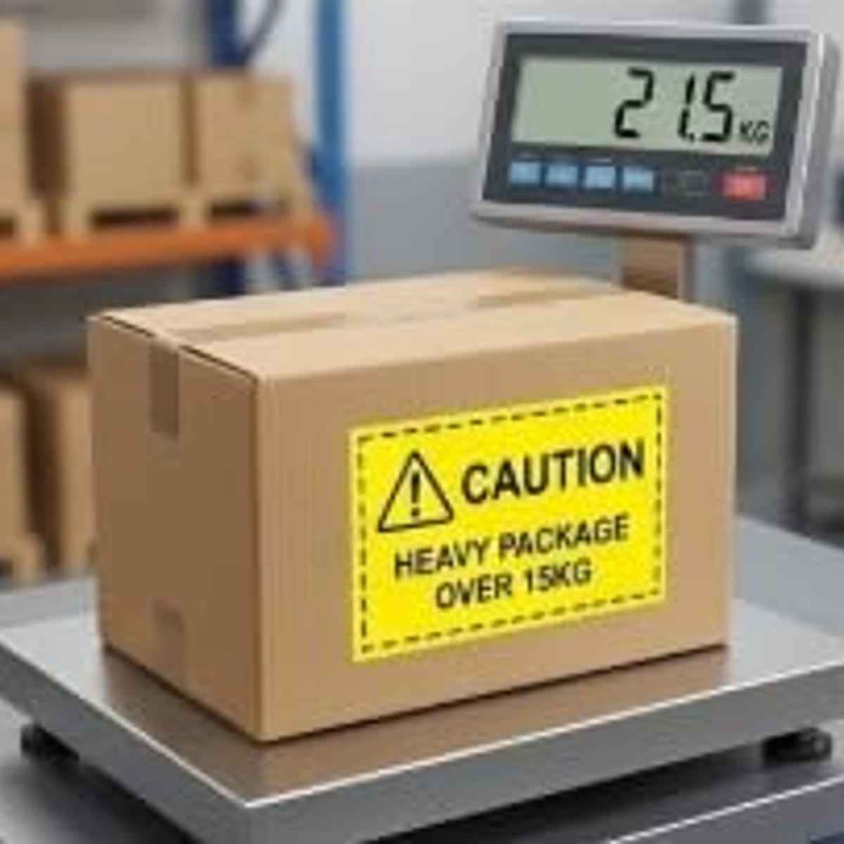 250 Etiquetas Adhesivas de Advertencia “CAUTION HEAVY PACKAGE OVER 15KG” – 100x50mm – Etiquetas de precaución para Paquetes Pesados – Pegatinas de Seguridad para Envíos, Logística，Amazon FBA y Almacén