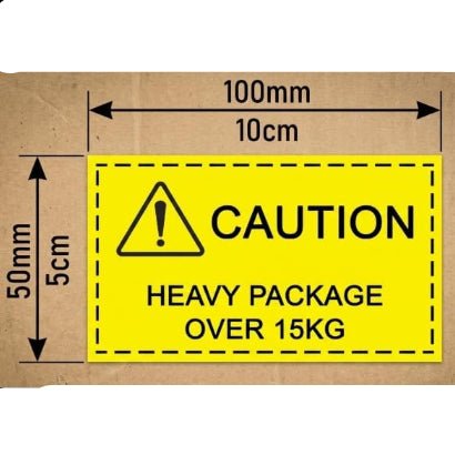 250 Etiquetas Adhesivas de Advertencia “CAUTION HEAVY PACKAGE OVER 15KG” – 100x50mm – Etiquetas de precaución para Paquetes Pesados – Pegatinas de Seguridad para Envíos, Logística，Amazon FBA y Almacén - BOLSASYMASBCN.COM