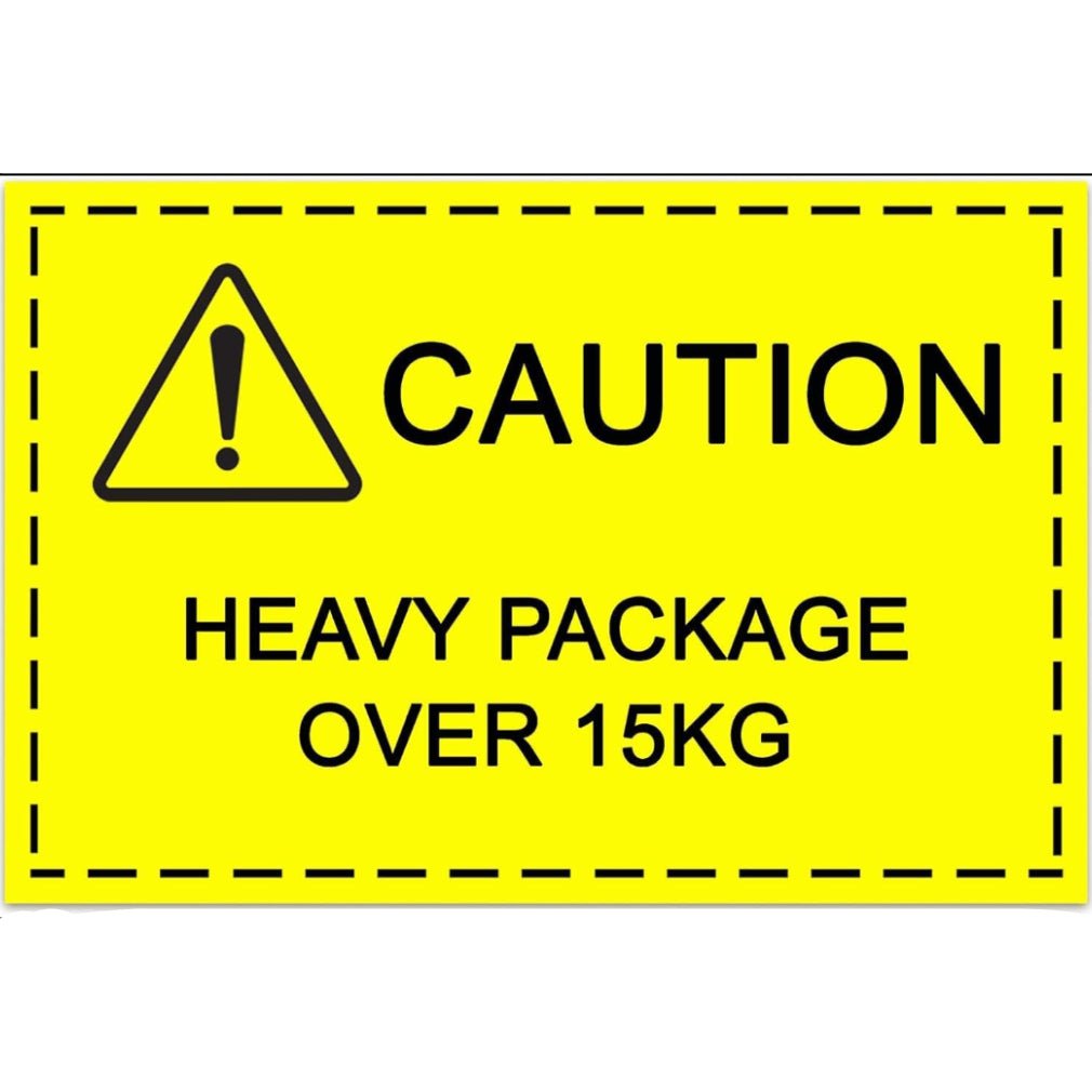 250 Etiquetas Adhesivas de Advertencia “CAUTION HEAVY PACKAGE OVER 15KG” – 100x50mm – Etiquetas de precaución para Paquetes Pesados – Pegatinas de Seguridad para Envíos, Logística，Amazon FBA y Almacén - BOLSASYMASBCN.COM