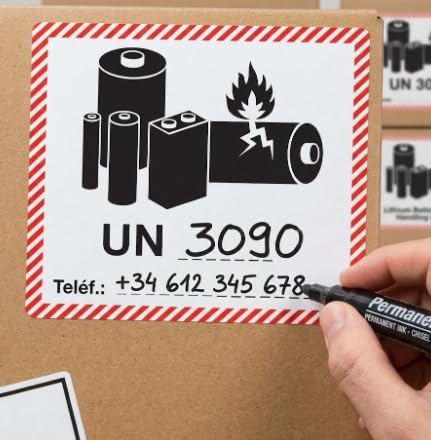 250 Etiquetas de Advertencia Baterías de Litio UN 100x100 mm - Pegatinas para mercancías peligrosa，clase UN para Rellenar a Mano(UN3481, 3480, 3090, 3091) - Aptas para Escribir Número UN y Teléfono - BOLSASYMASBCN.COM