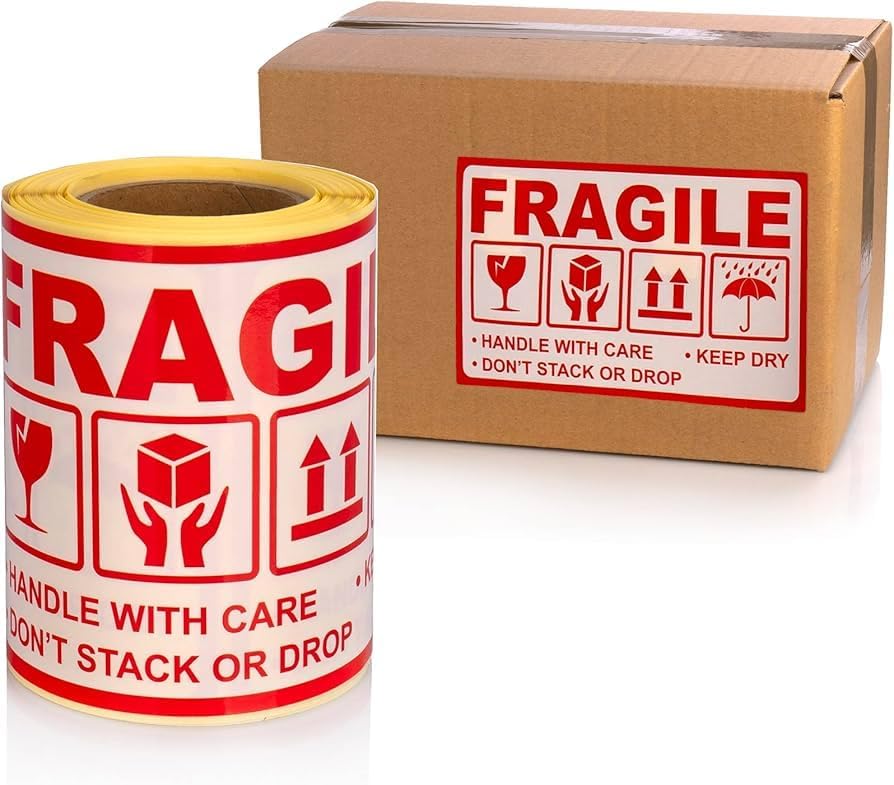 250 Etiquetas de Envío "FRAGILE" - Rollo de 250 Pegatinas Autoadhesivas, 100 x 75 mm - Aviso de Manejo con Cuidado, Mantener Seco y No Apilar - BOLSASYMASBCN.COM