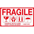 250 Etiquetas de Envío "FRAGILE" - Rollo de 250 Pegatinas Autoadhesivas, 100 x 75 mm - Aviso de Manejo con Cuidado, Mantener Seco y No Apilar - BOLSASYMASBCN.COM