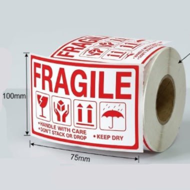 250 Etiquetas de Envío "FRAGILE" - Rollo de 250 Pegatinas Autoadhesivas, 100 x 75 mm - Aviso de Manejo con Cuidado, Mantener Seco y No Apilar - BOLSASYMASBCN.COM