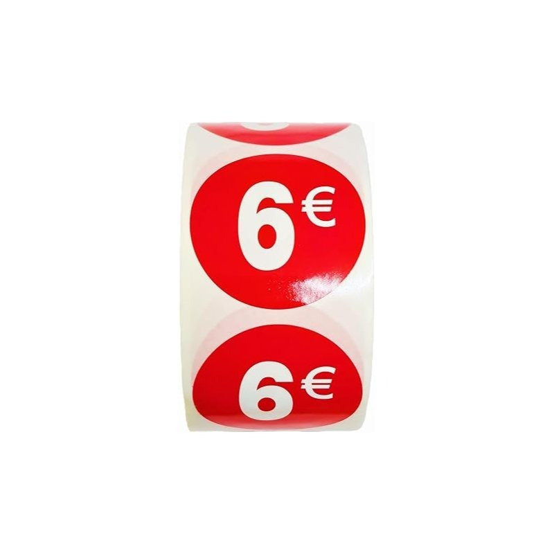 1000 Etiquetas de Precio"6€" - Rojo Flúor Ø 35mm - 2 Rollo de 500 Unidades