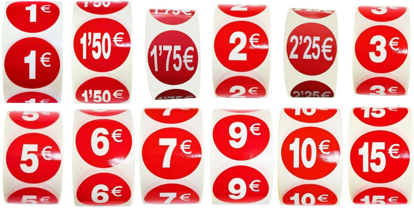 1000 Etiquetas de Precio"1€-30€" - Rojo Flúor Ø 35mm - 2 Rollo de 500 Unidades