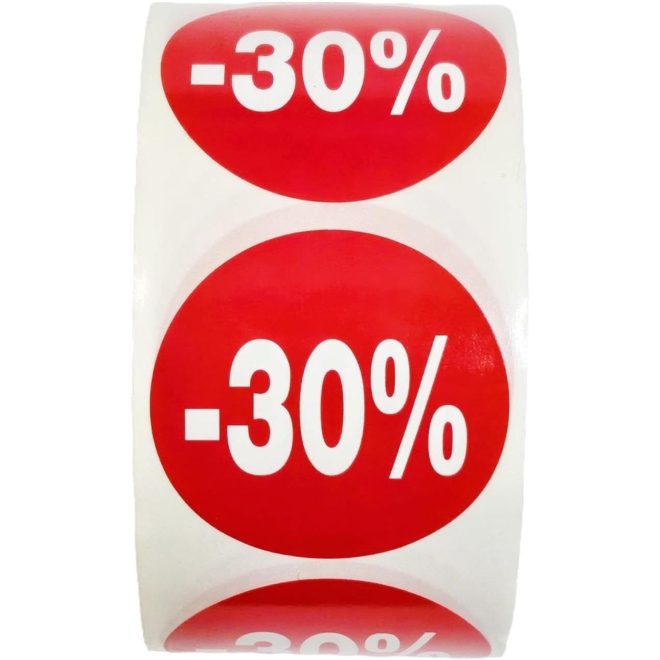 1000 Etiquetas de Descuento "-50% hasta -10%" - Rojo Flúor Ø 35mm - 2 Rollo de 500 Unidades
