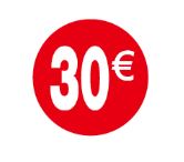 1000 Etiquetas de Precio"30€" - Rojo Flúor Ø 35mm - 2 Rollo de 500 Unidades