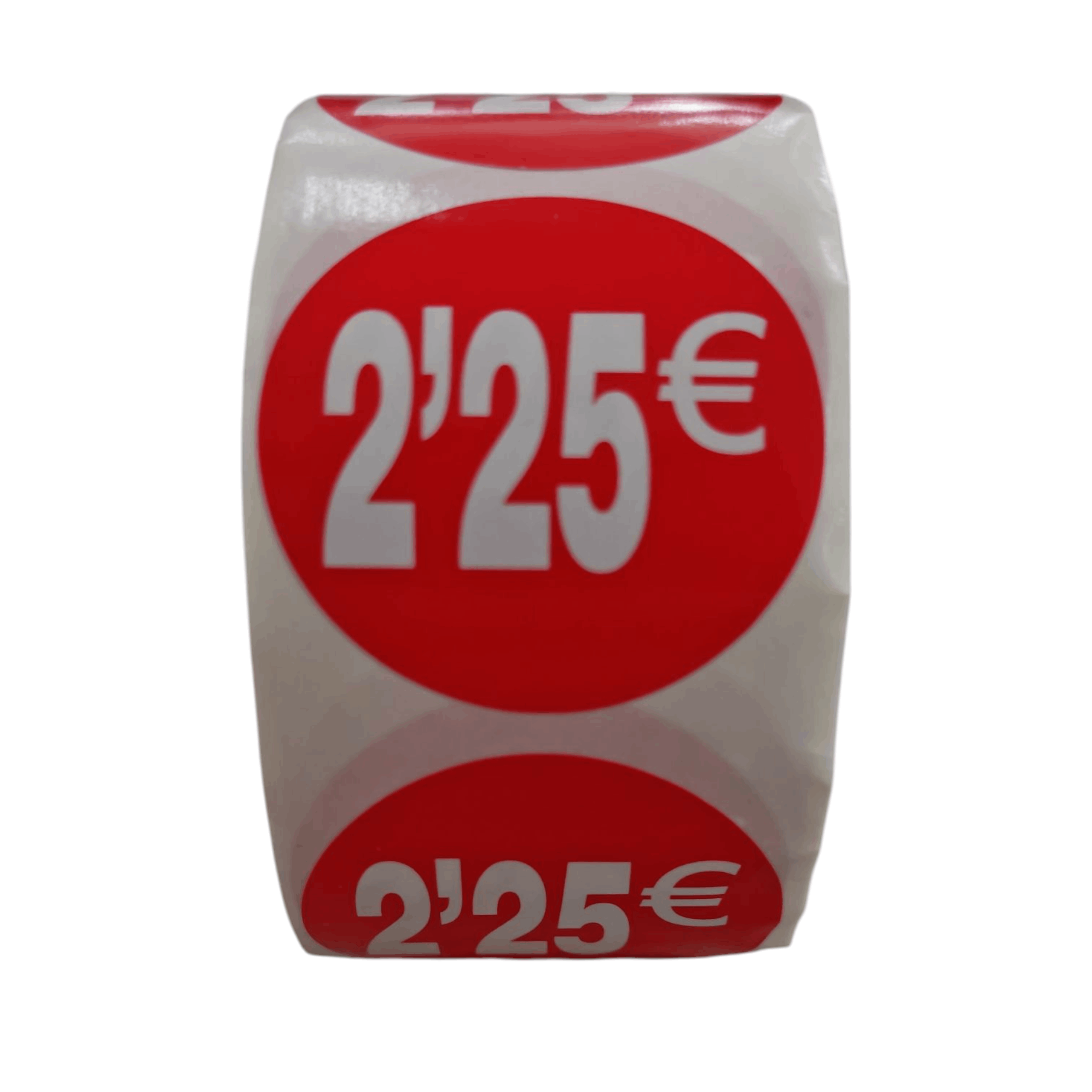 1000 Etiquetas de Precio"2.25€" - Rojo Flúor Ø 35mm - 2 Rollo de 500 Unidades