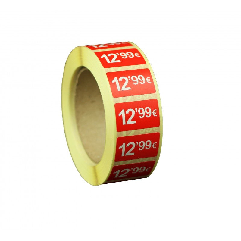 2000 Etiquetes de Preu "0.99€" - Vermell Fluor 25x15mm Rectangular - 2 Rotllo de 1000 Unitats