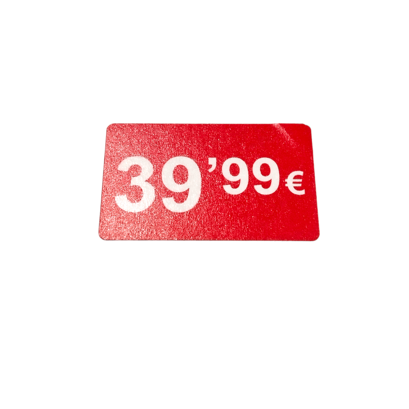 2000 Etiquetes de Preu "0.99€" - Vermell Fluor 25x15mm Rectangular - 2 Rotllo de 1000 Unitats