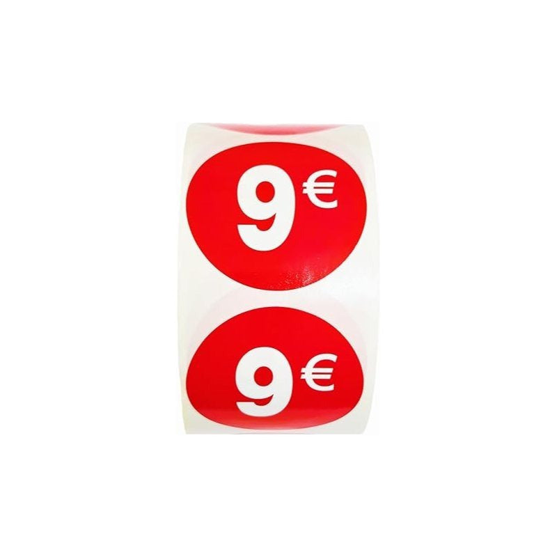 1000 Etiquetas de Precio"9€" - Rojo Flúor Ø 35mm - 2 Rollo de 500 Unidades