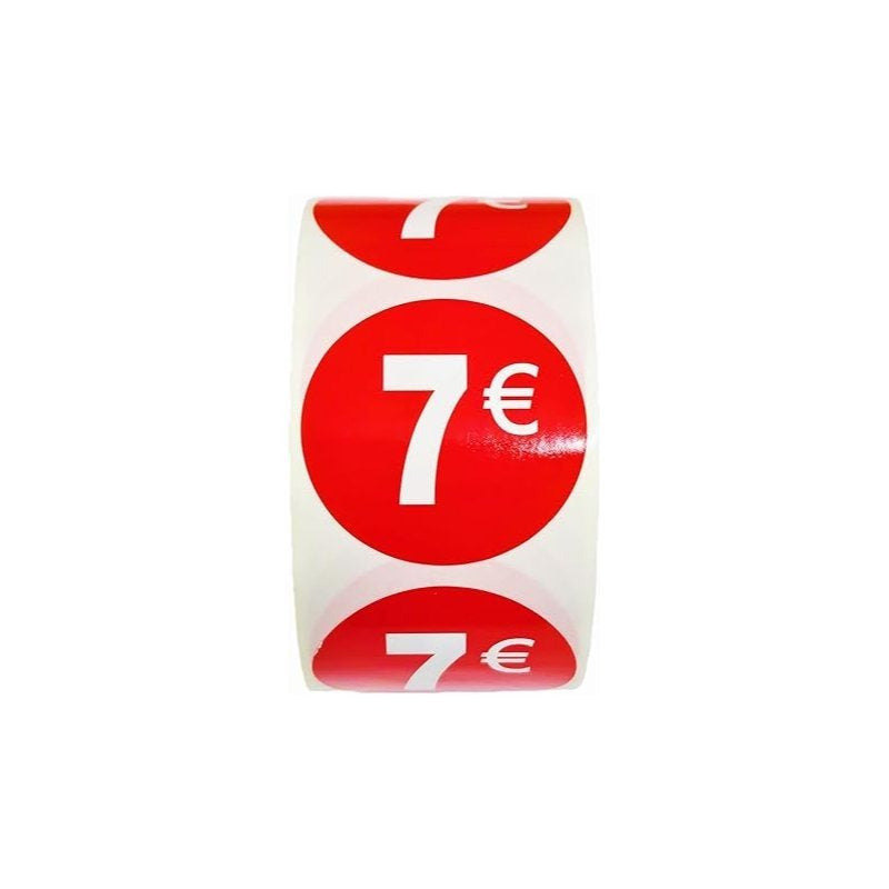 1000 Etiquetas de Precio"7€" - Rojo Flúor Ø 35mm - 2 Rollo de 500 Unidades