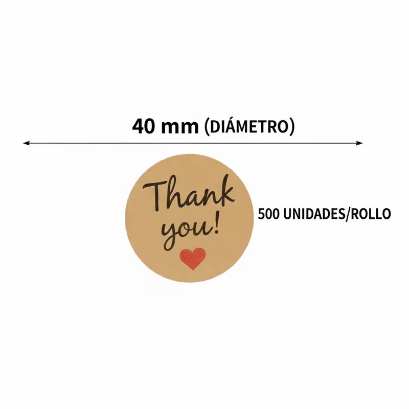 500 Pegatinas “Thank You” con Corazón, Kraft Redondas 40mm