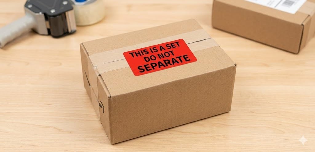 500 Etiquetas de Advertencia "THIS IS A SET DO NOT SEPARATE" 50x25 mm - 2 Rollos de 500 Pegatinas Naranja Fluorescente - Alta Visibilidad para Logística y FBA - BOLSASYMASBCN.COM