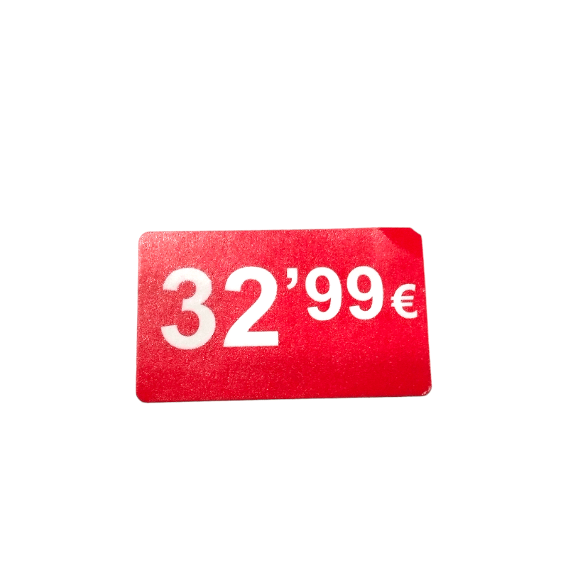 2000 Etiquetes de Preu "0.99€" - Vermell Fluor 25x15mm Rectangular - 2 Rotllo de 1000 Unitats