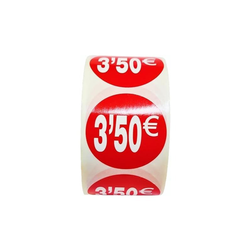 1000 Etiquetas de Precio"3.50€" - Rojo Flúor Ø 35mm - 2 Rollo de 500 Unidades