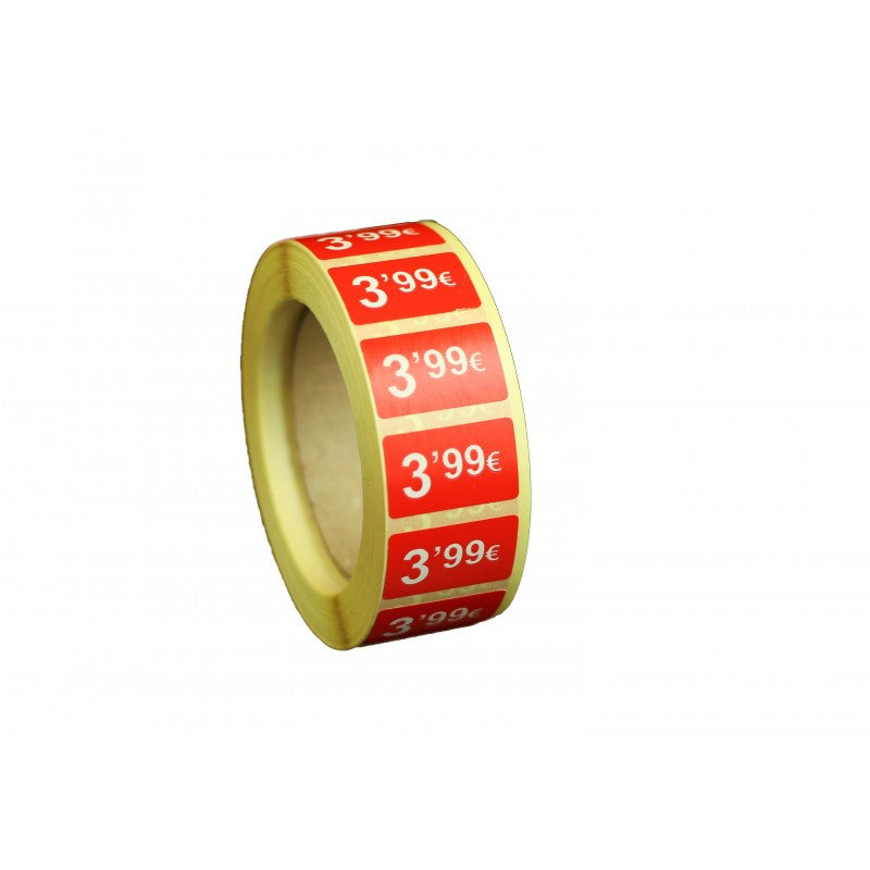 2000 Etiquetes de Preu "0.99€" - Vermell Fluor 25x15mm Rectangular - 2 Rotllo de 1000 Unitats