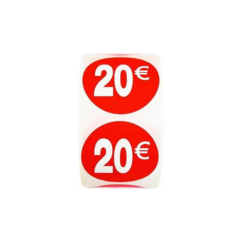 1000 Etiquetas de Precio"20€" - Rojo Flúor Ø 35mm - 2 Rollo de 500 Unidades