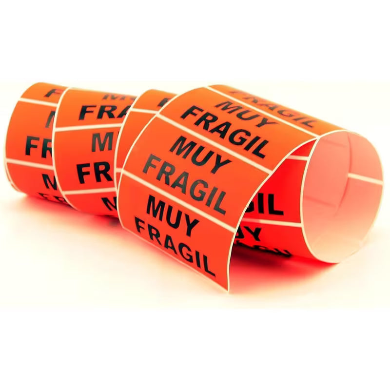 250 Etiquetas Adhesivas MUY FRAGIL 94 x 38 mm, Color Naranja