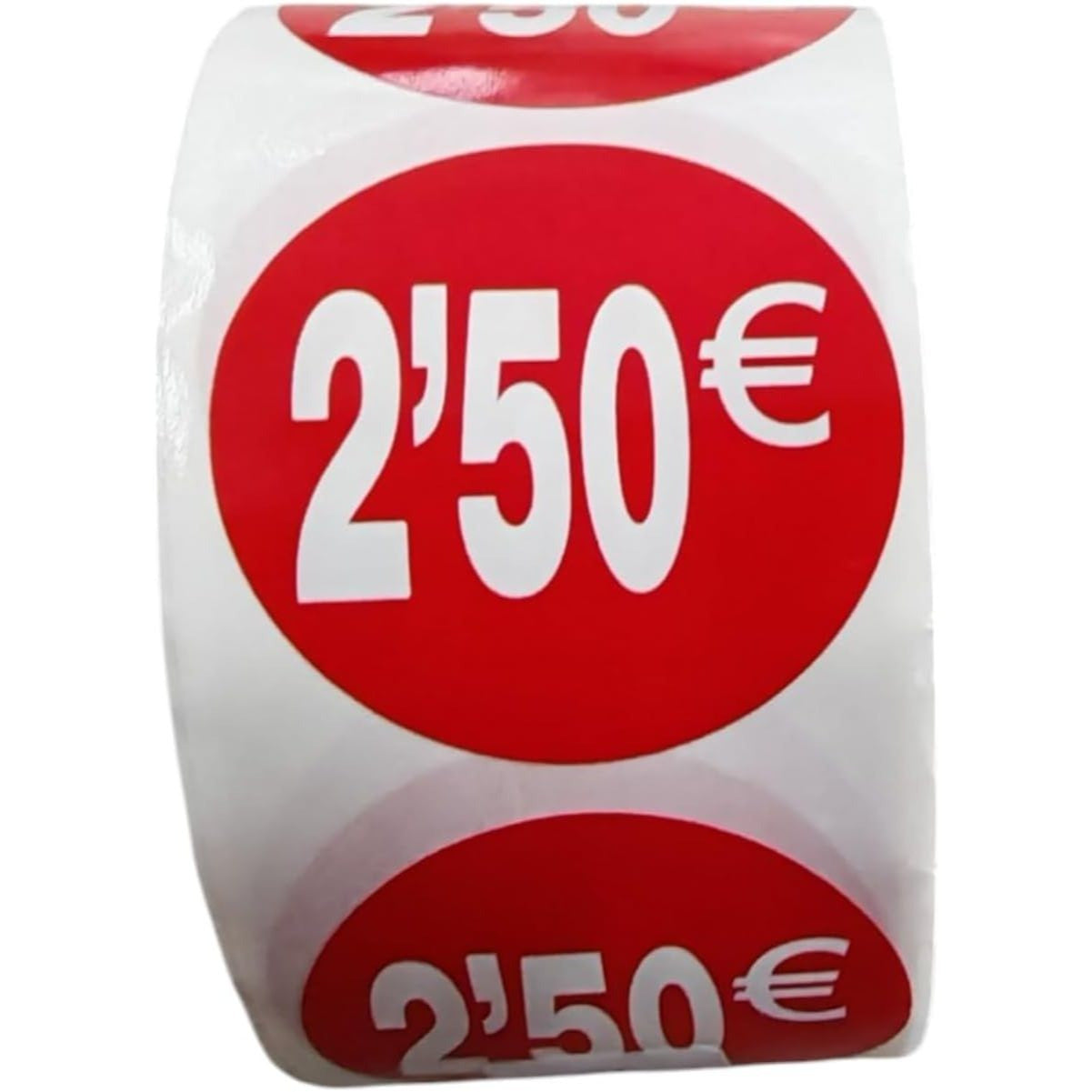 1000 Etiquetas de Precio"2.50€" - Rojo Flúor Ø 35mm - 2 Rollo de 500 Unidades