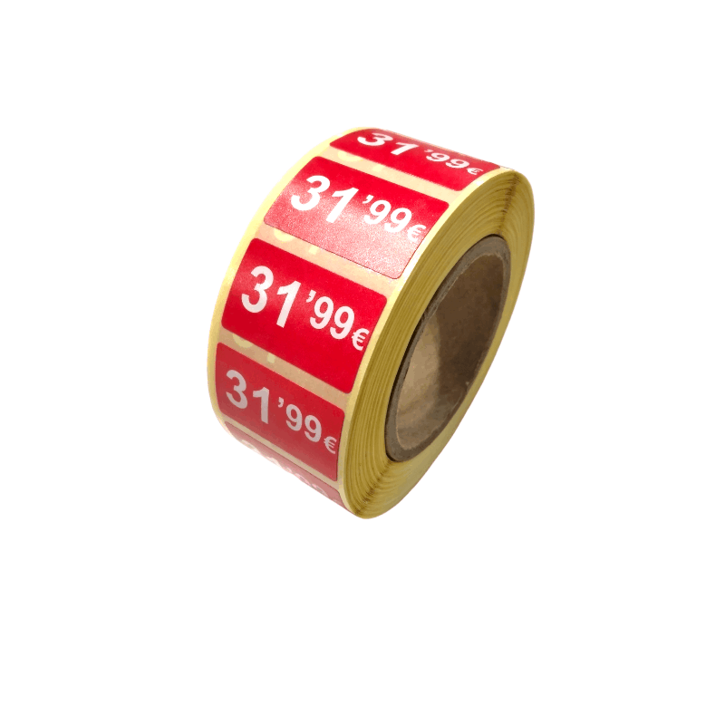 2000 Etiquetes de Preu "0.99€" - Vermell Fluor 25x15mm Rectangular - 2 Rotllo de 1000 Unitats