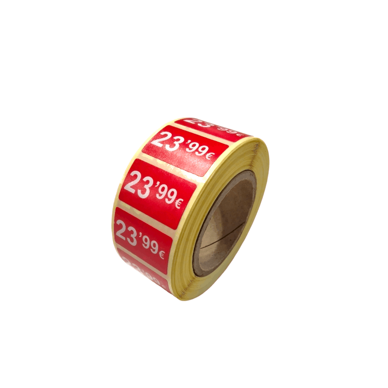2000 Etiquetes de Preu "0.99€" - Vermell Fluor 25x15mm Rectangular - 2 Rotllo de 1000 Unitats