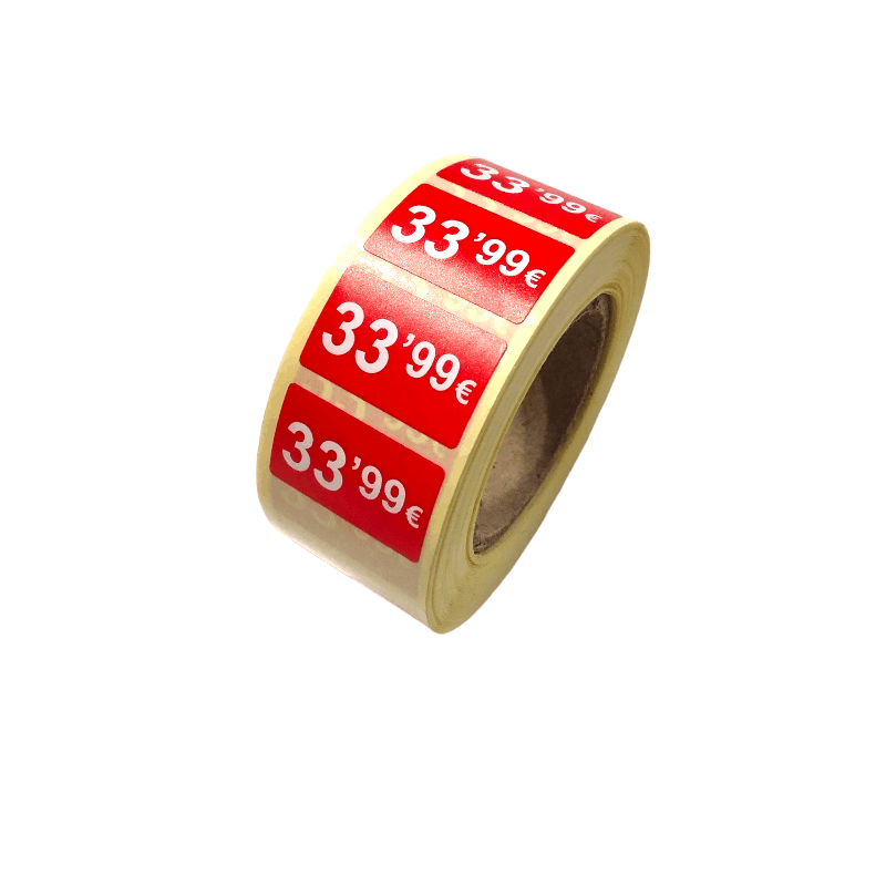 2000 Etiquetes de Preu "0.99€" - Vermell Fluor 25x15mm Rectangular - 2 Rotllo de 1000 Unitats