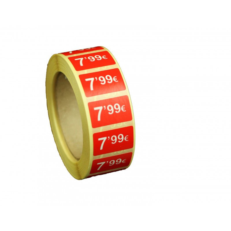 2000 Etiquetes de Preu "0.99€" - Vermell Fluor 25x15mm Rectangular - 2 Rotllo de 1000 Unitats