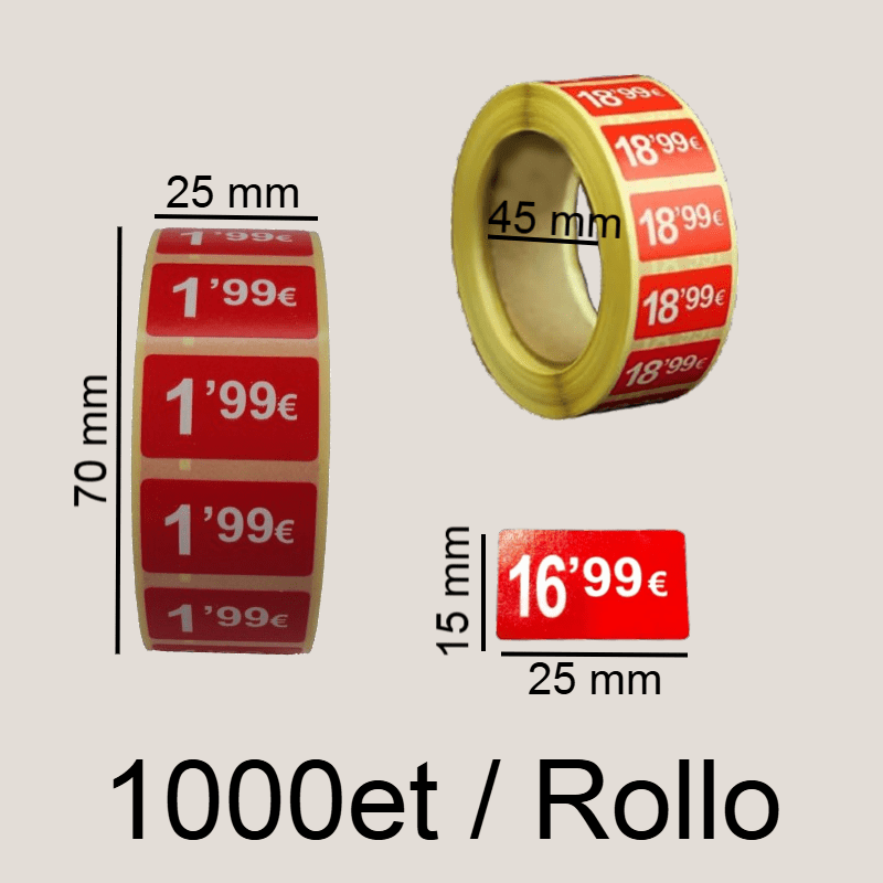 2000 Etiquetes de Preu "0.99€" - Vermell Fluor 25x15mm Rectangular - 2 Rotllo de 1000 Unitats