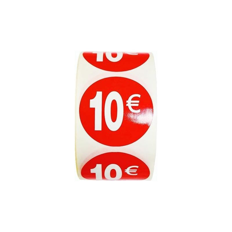 1000 Etiquetas de Precio"10€" - Rojo Flúor Ø 35mm - 2 Rollo de 500 Unidades