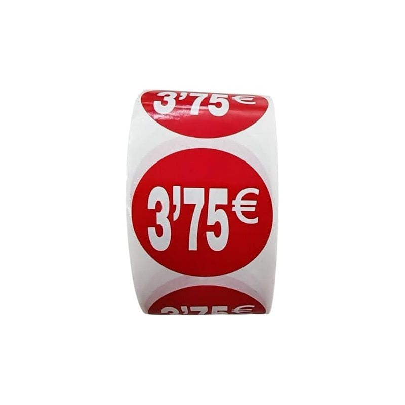 1000 Etiquetas de Precio"3.75€" - Rojo Flúor Ø 35mm - 2 Rollo de 500 Unidades