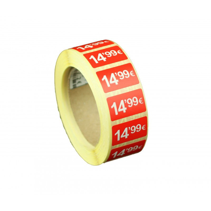 2000 Etiquetes de Preu "0.99€" - Vermell Fluor 25x15mm Rectangular - 2 Rotllo de 1000 Unitats