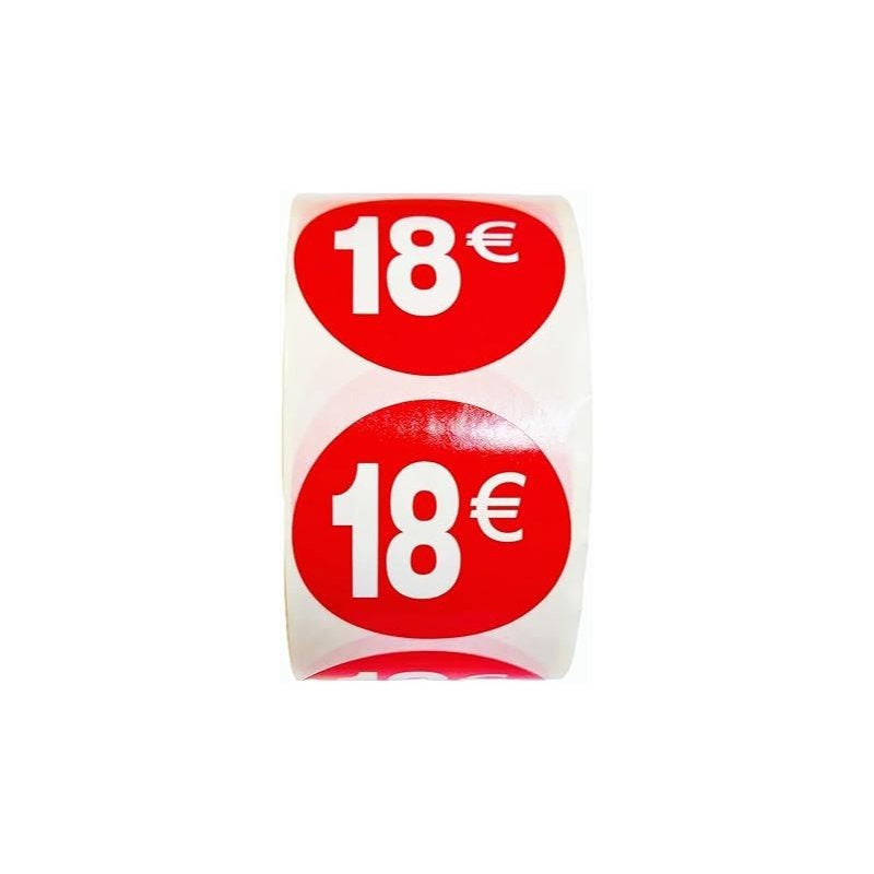 1000 Etiquetas de Precio"18€" - Rojo Flúor Ø 35mm - 2 Rollo de 500 Unidades