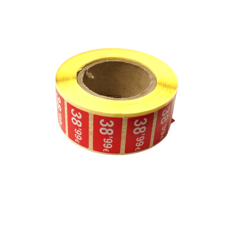 2000 Etiquetes de Preu "0.99€" - Vermell Fluor 25x15mm Rectangular - 2 Rotllo de 1000 Unitats