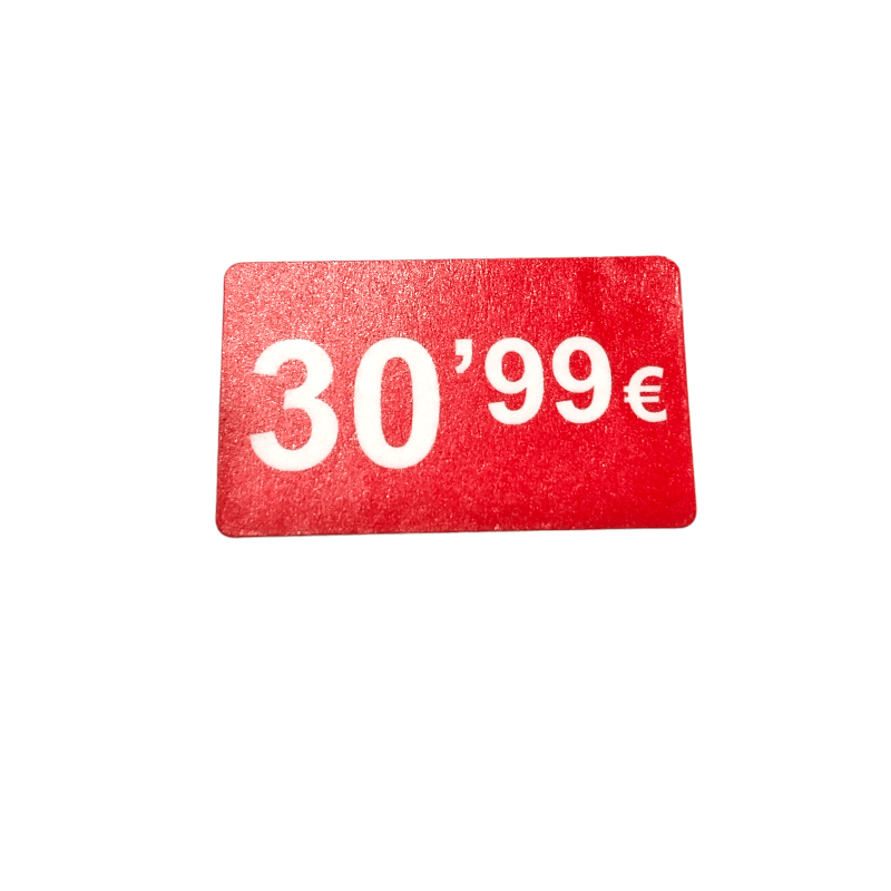 2000 Etiquetes de Preu "0.99€" - Vermell Fluor 25x15mm Rectangular - 2 Rotllo de 1000 Unitats