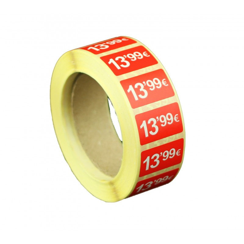 2000 Etiquetes de Preu "0.99€" - Vermell Fluor 25x15mm Rectangular - 2 Rotllo de 1000 Unitats
