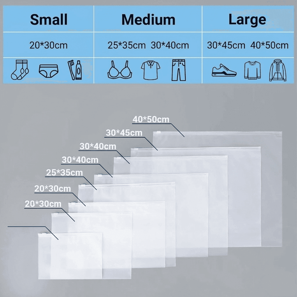 Bolsa Transparente con Cremallera para Ropa, Bolsa de Almacenamiento Impermeable para Viaje y Organización, Pack de 50 Bolsas，Varias Medidas Disponibles